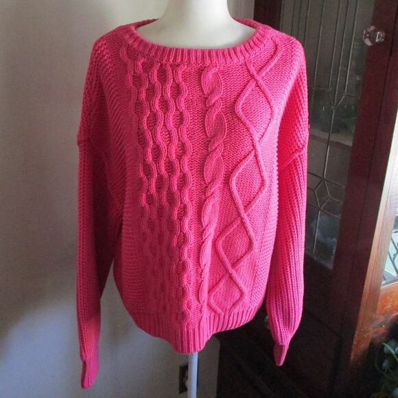 Free People Fuchsia Cozy Cable Knit Sweater S Chunky Cotton Blend Boho Knitwear - Picture 3 of 17